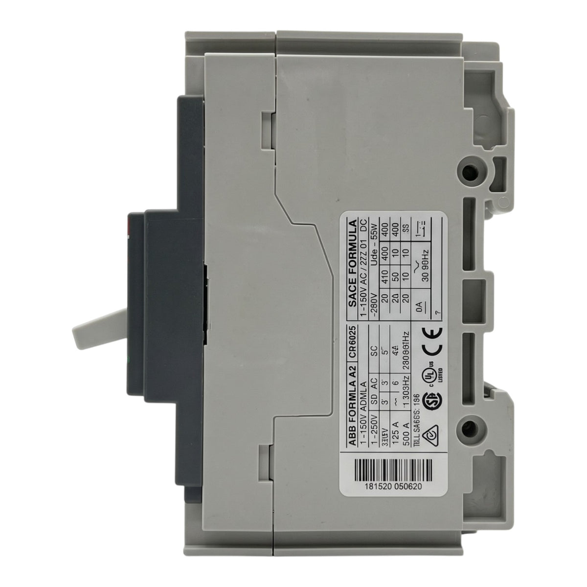 ABB Formula A2 CR6253 circuit breaker with a gray plastic housing, black side components, and a white specification label on a white background.