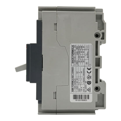 ABB Formula A2 CR6253 circuit breaker with a gray plastic housing, black side components, and a white specification label on a white background.