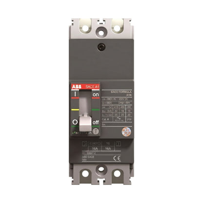 ABB SACE-A1 AC/DC 3-pole circuit breaker with a dark gray front panel, silver metal terminals, and a white switch handle, shown on a plain white background.