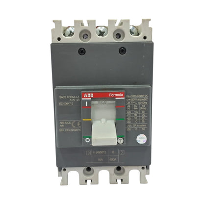 An ABB Formula electrical circuit breaker with a dark gray housing, light gray terminal blocks, and a white switch handle, shown against a plain white background.