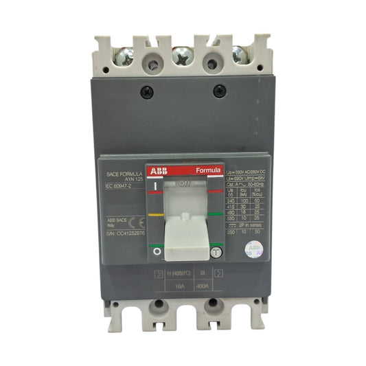 An ABB Formula electrical circuit breaker with a dark gray housing, light gray terminal blocks, and a white switch handle, shown against a plain white background.