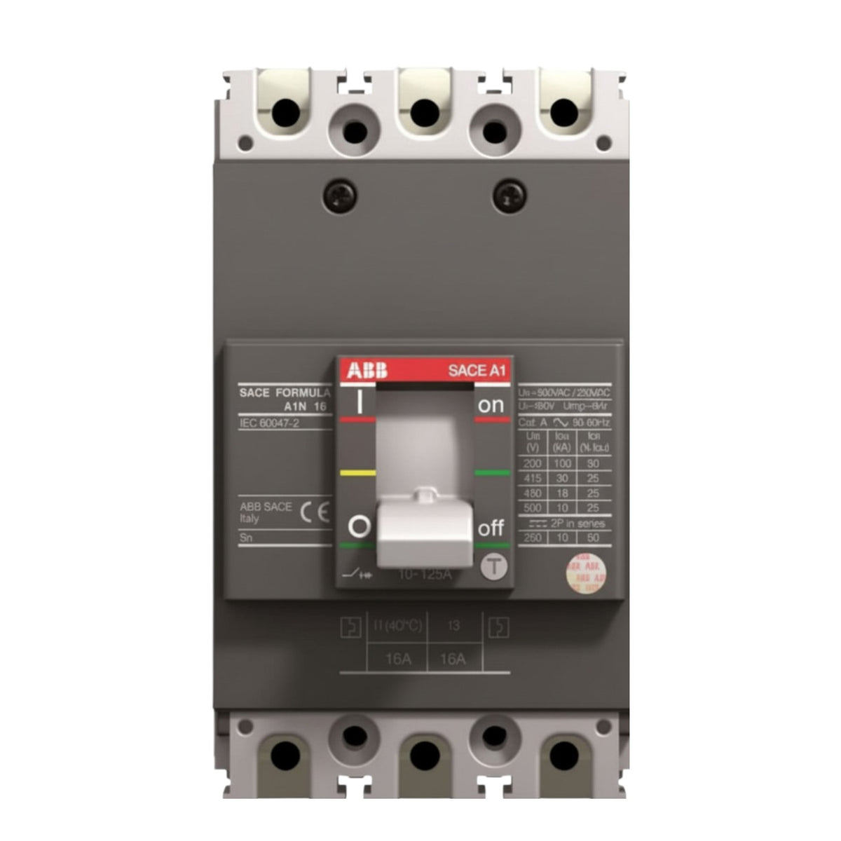 ABB SACE A1 circuit breaker, model DB 300MAPE, featuring a dark gray plastic housing, silver metal terminal blocks, and a central switch handle with red, yellow, green, and white markings.