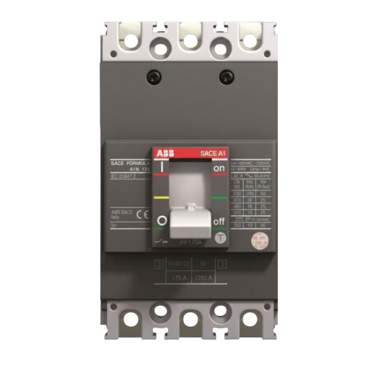 ABB SACE A1 SAGE FORMULA 3PN R AC 230V/400V contactor with a gray plastic housing, silver metal terminal blocks, and a central switch handle showing 'on' and 'off' positions.