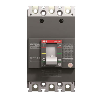 ABB SACE A1 SAGE FORMULA 3PN R AC 230V/400V contactor with a gray plastic housing, silver metal terminal blocks, and a central switch handle showing 'on' and 'off' positions.