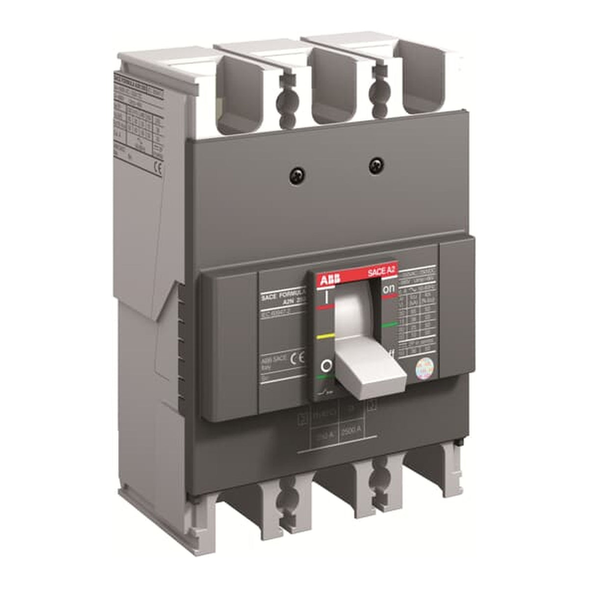 ABB ACS620 AC-620 circuit breaker with a gray housing, featuring a front switch handle with red, yellow, and green markings, and terminal blocks at the top and bottom, shown on a white background.