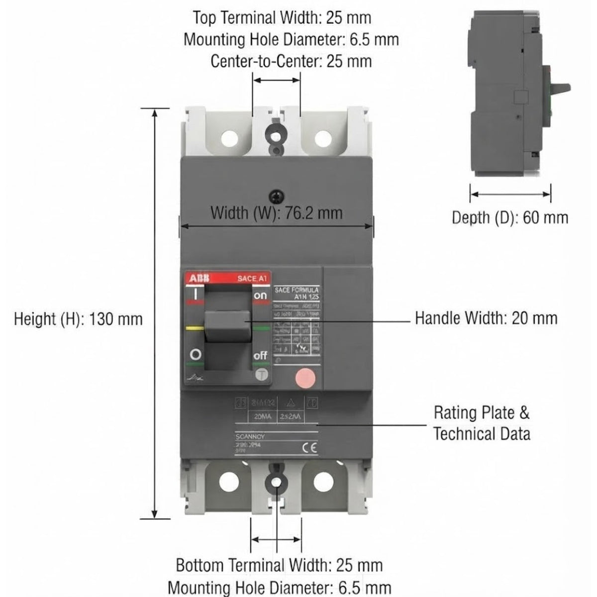 A technical dimension diagram of a Schneider Electric ABB AQ3.2 circuit breaker, showing front, side, and top views with measurements for height, width, and depth on a white background.