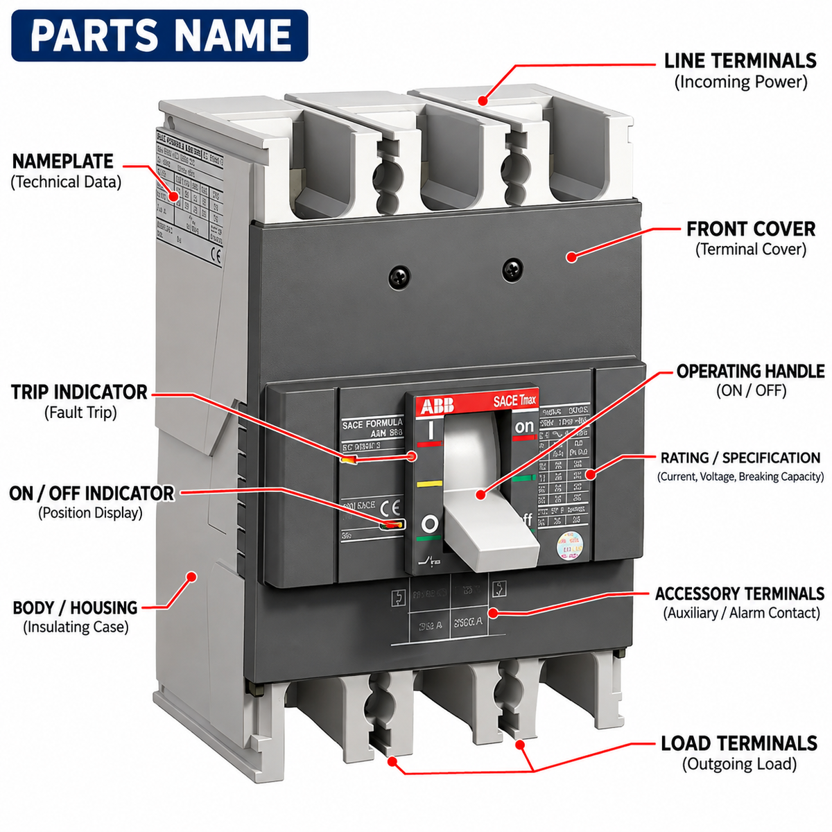 A labeled technical parts diagram of a three-pole circuit breaker, showing the front cover, operating handle, trip indicator, nameplate, and terminal locations with red callout lines and text on a white background.