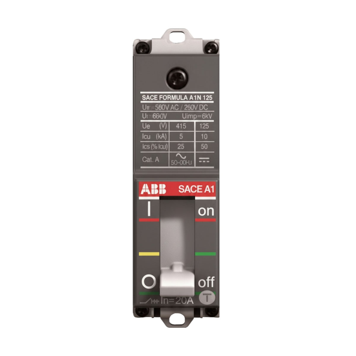 ABB SACE Formula A TN 125 circuit breaker with a dark gray metal housing, featuring a red and white front label, a central switch handle, and technical specifications printed on the upper section.