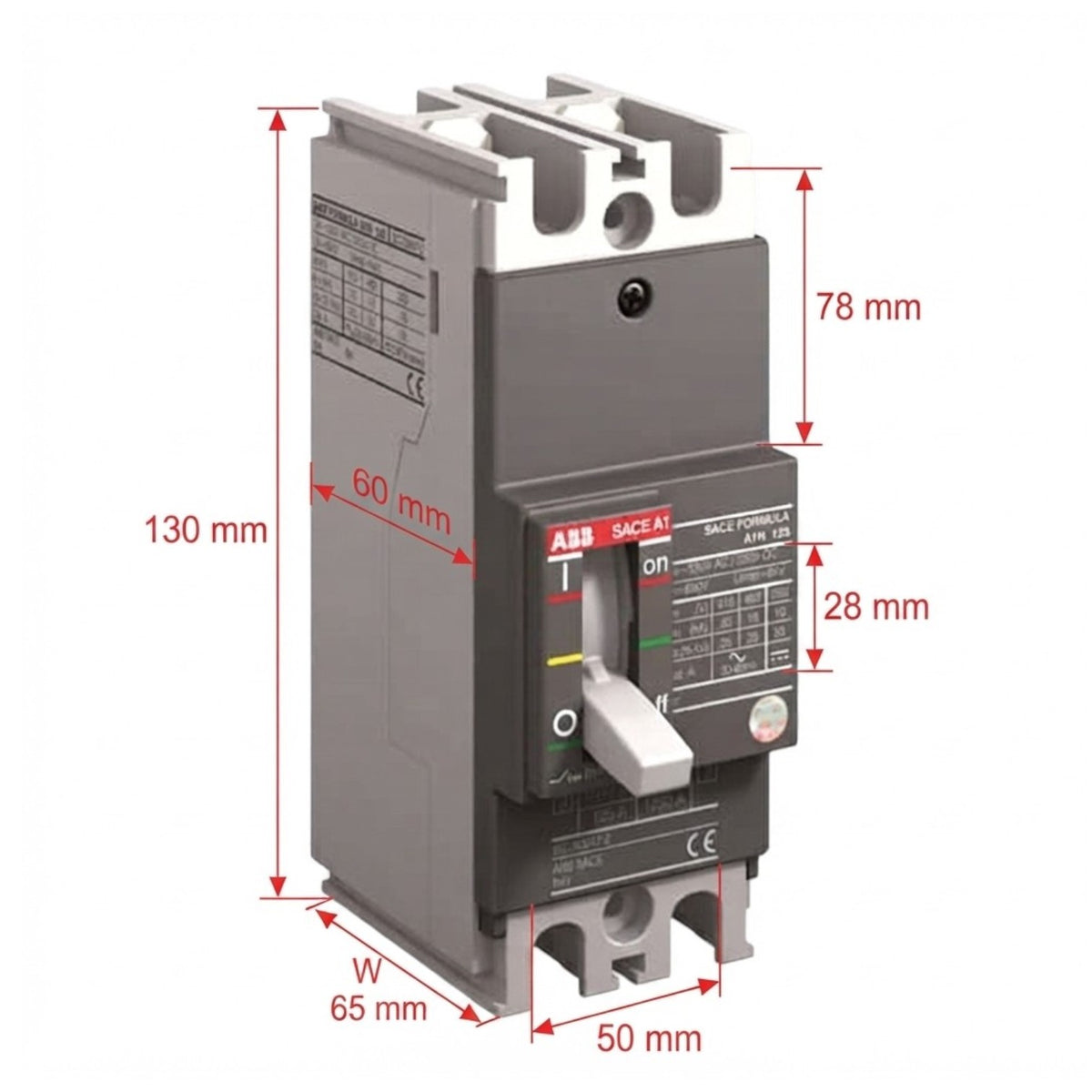 ABB SACE-AI SACE 20A circuit breaker with overlaid red dimension arrows and labels showing height, width, and front switch spacing on a white background.