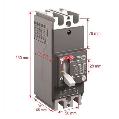 ABB SACE-AI SACE 20A circuit breaker with overlaid red dimension arrows and labels showing height, width, and front switch spacing on a white background.