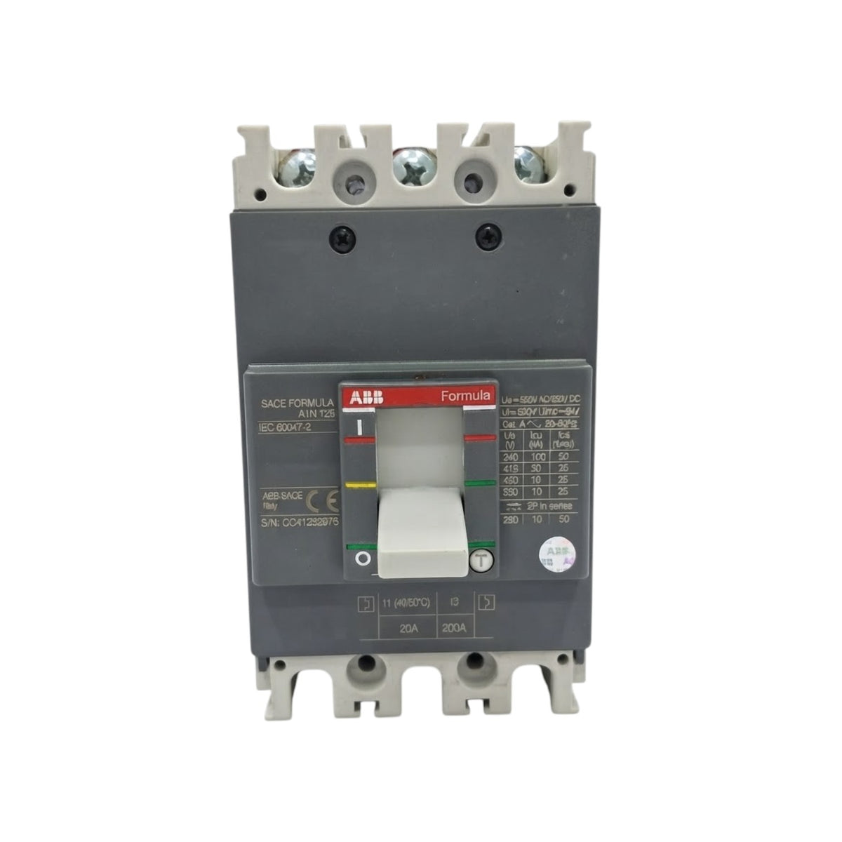 An industrial electrical circuit breaker from the brand ABB, featuring a white plastic housing, black switch handles, and a red brand accent strip on the front.