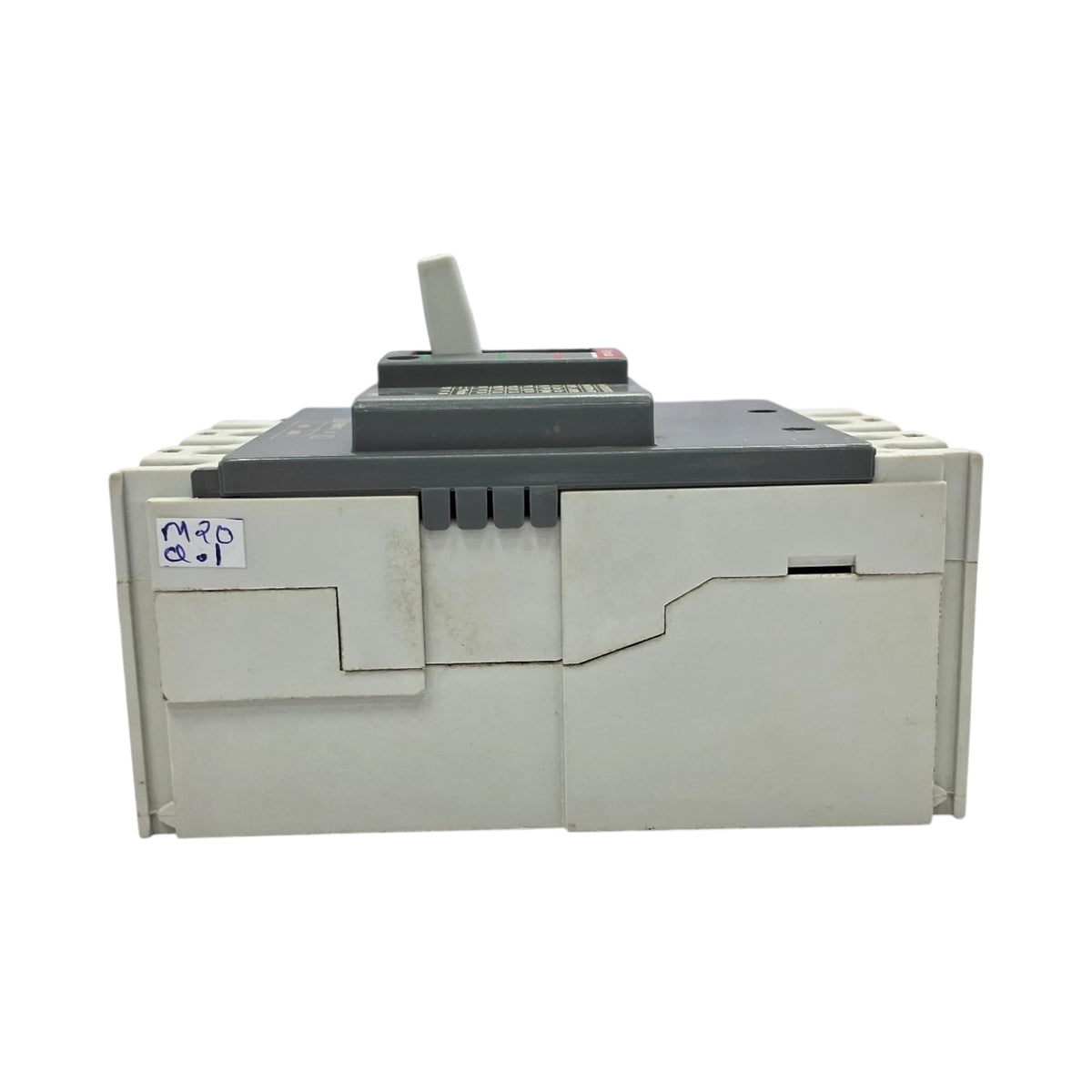A vintage beige and dark gray paper shredder or document processor, photographed from the front against a plain white background. A handwritten price tag is attached to the left side.