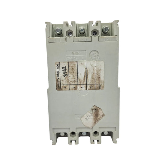 A heavy-duty industrial contactor relay with a gray plastic housing, featuring terminal blocks at the top and bottom, a worn paper label with numbers, and a small sticker near the bottom, shown against a plain white background.