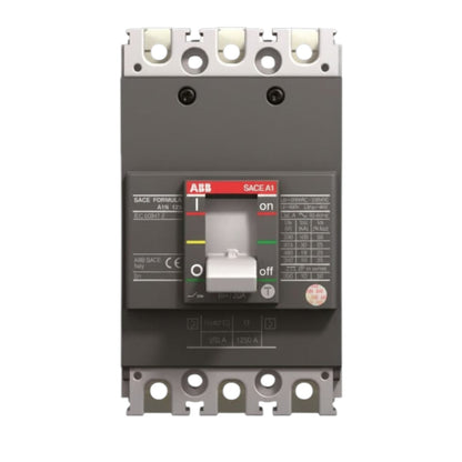 An ABB circuit breaker module, model BN 203, featuring a white plastic housing, a black toggle switch handle, and a red label with product specifications.