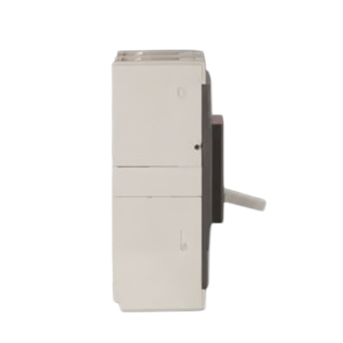 A side view of a white and dark gray electrical switch module with a white lever, shown against a plain white background.