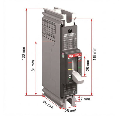 ABB SACE-A1 circuit breaker with red dimension lines and labels showing measurements of 130 mm, 81 mm, 118 mm, 60 mm, 25 mm, 7 mm, and 28 mm on a white background.