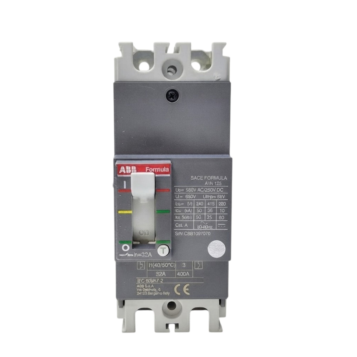 An ABB circuit breaker with a white plastic housing, a black central handle, and a red brand accent strip on a white background.