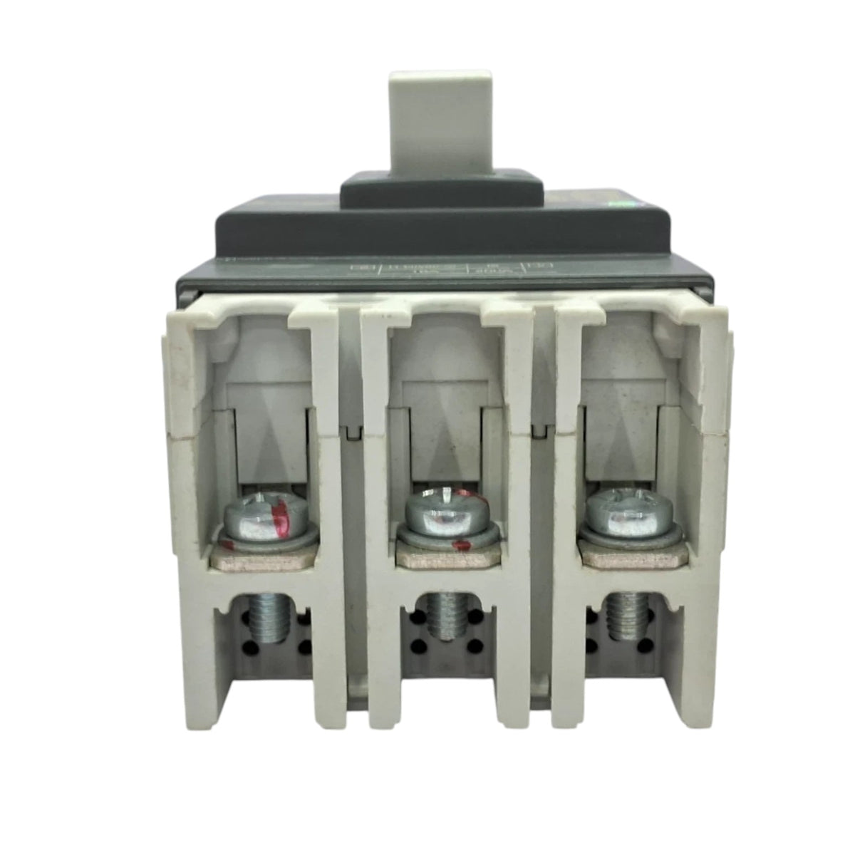 A three-phase electrical contactor or relay component with a gray plastic housing, dark gray top cover, and silver metal screw terminals, shown on a plain white background.
