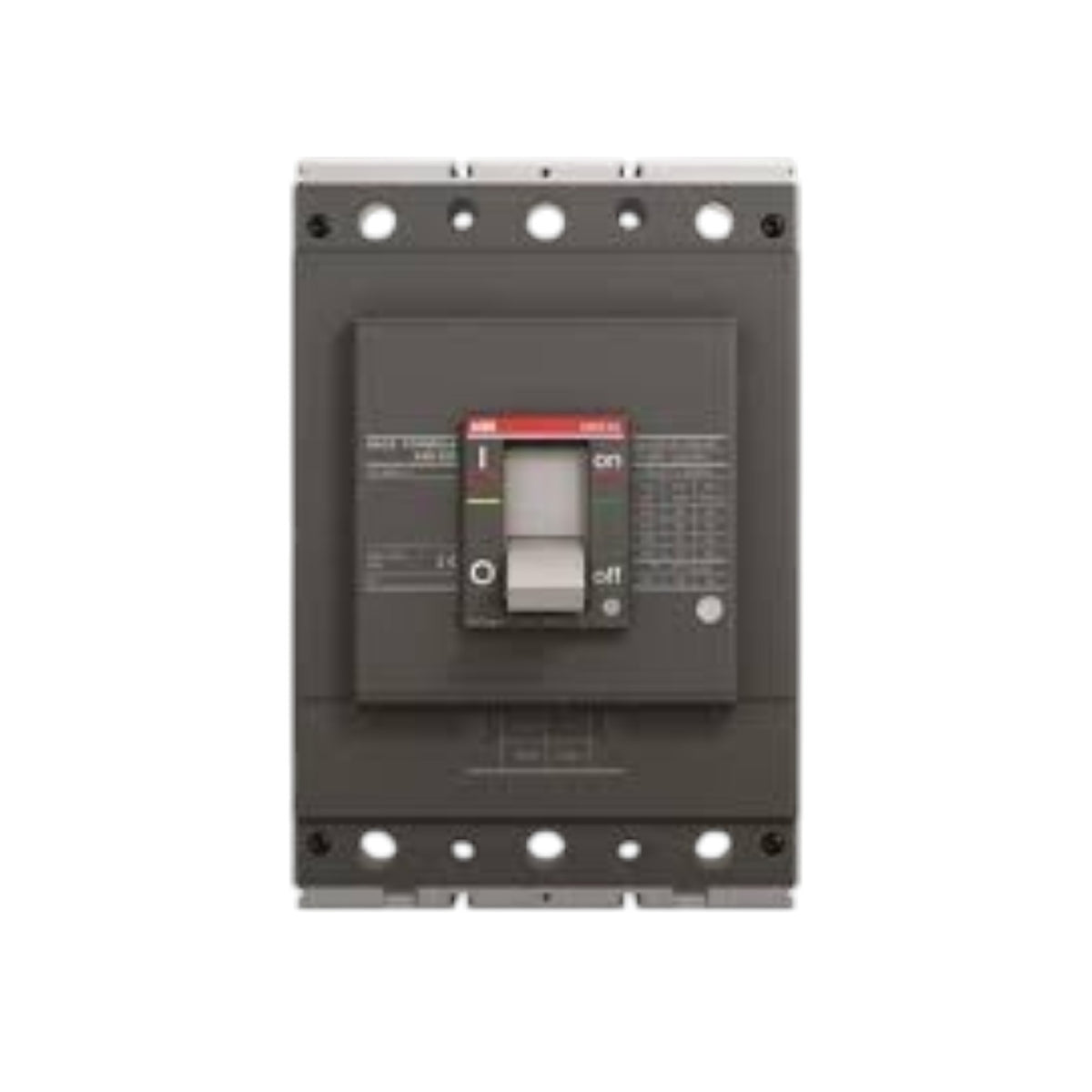 A dark gray electrical circuit breaker with a central red and gray switch handle, shown against a plain white background.