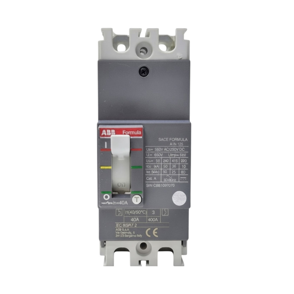 ABB Formula SACE Formula 32P1 DC circuit breaker with a gray plastic housing, white terminal blocks, and a red and white front switch panel, shown on a plain white background.