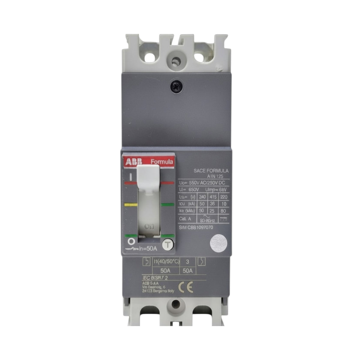 ABB Formula circuit breaker SM CIB 50A with a gray plastic housing, white terminal blocks, and a white switch handle with red, yellow, and green markings.