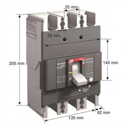 ABB molded circuit breaker with dimension annotations showing height, width, and terminal spacing on a white background.