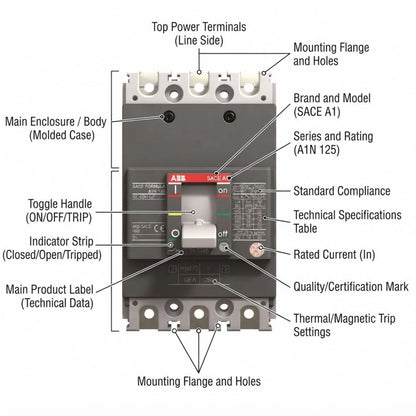Technical diagram of an ABB SPQ 3000 modular contactor, showing labeled callouts for parts, terminals, and specifications on a white background.