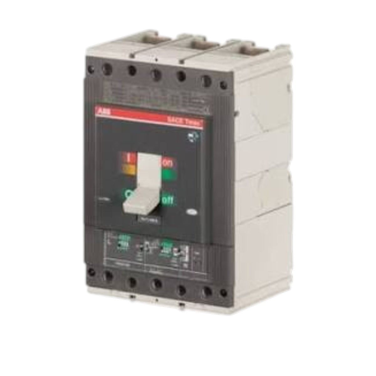 ABB IEC 320 AC/DC circuit breaker with a dark gray front panel, beige side housing, and a central handle switch, shown on a plain white background.