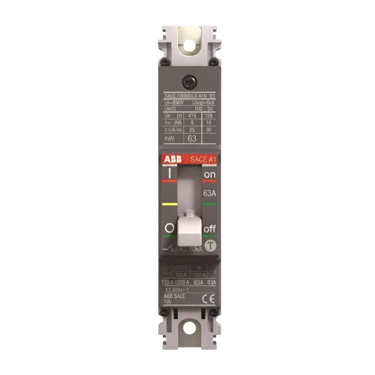 ABB SACE-A1 63A circuit breaker with a dark gray plastic housing, white terminal blocks, and a white central switch, shown on a plain white background.