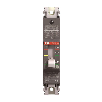 ABB SACE-A1 63A circuit breaker with a dark gray plastic housing, white terminal blocks, and a white central switch, shown on a plain white background.