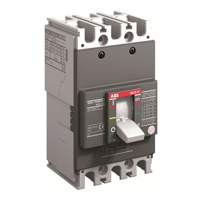An ABB circuit breaker with a dark gray front panel, a silver handle, and silver terminal blocks at the top and bottom, shown on a plain white background.