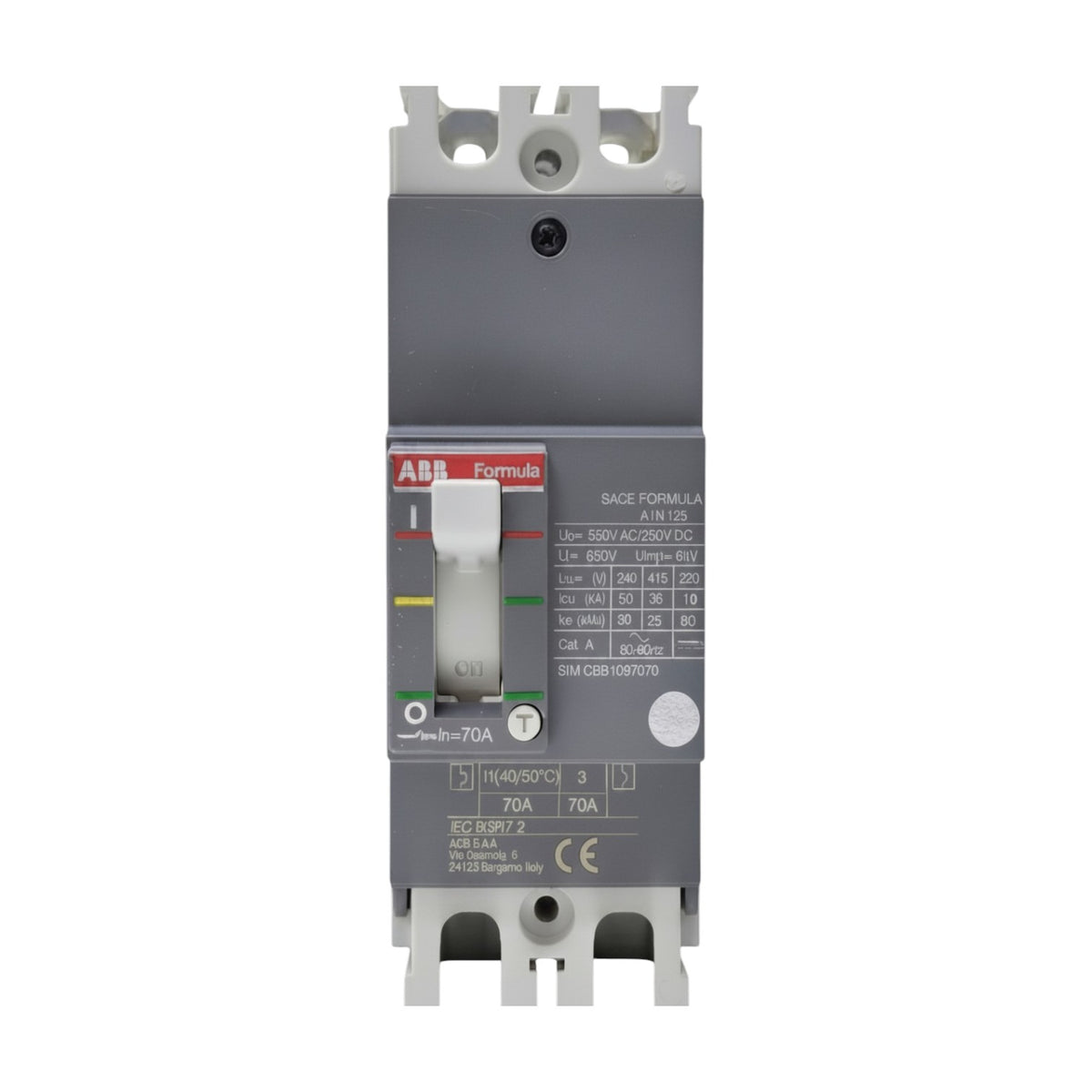 ABB Formula AIN 130 circuit breaker, 70A, 3P, 400V AC/DC, featuring a gray plastic housing with white terminal blocks and a white switch handle.