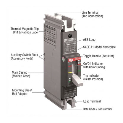 ABB SACE A1 circuit breaker with detailed callout labels pointing to various parts such as the main casing, mounting base, trip indicator, and thermal-magnetic trip unit, on a white background.