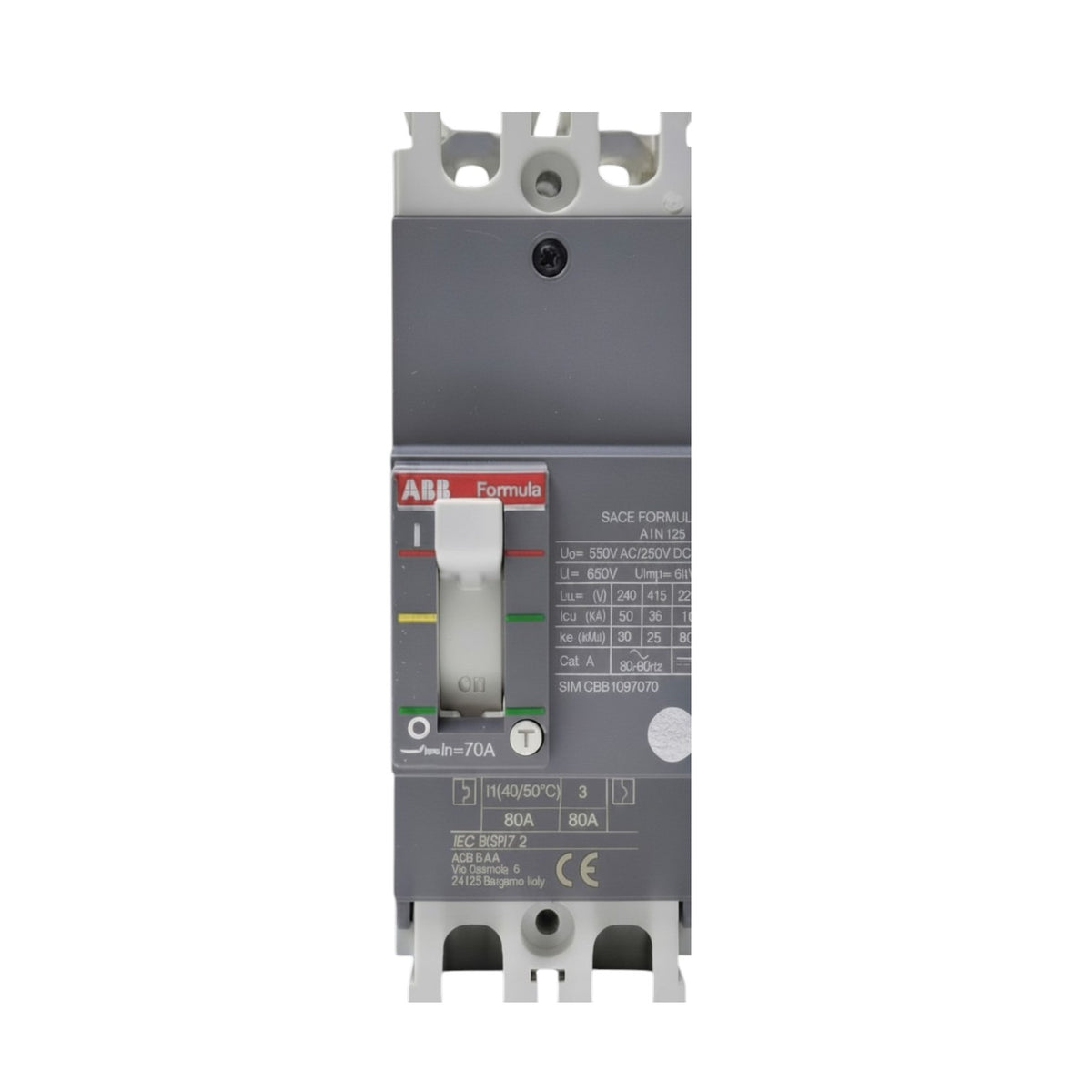 ABB C20 circuit breaker module, white plastic housing with a black switch handle and a red ABB logo label, shown on a plain white background.