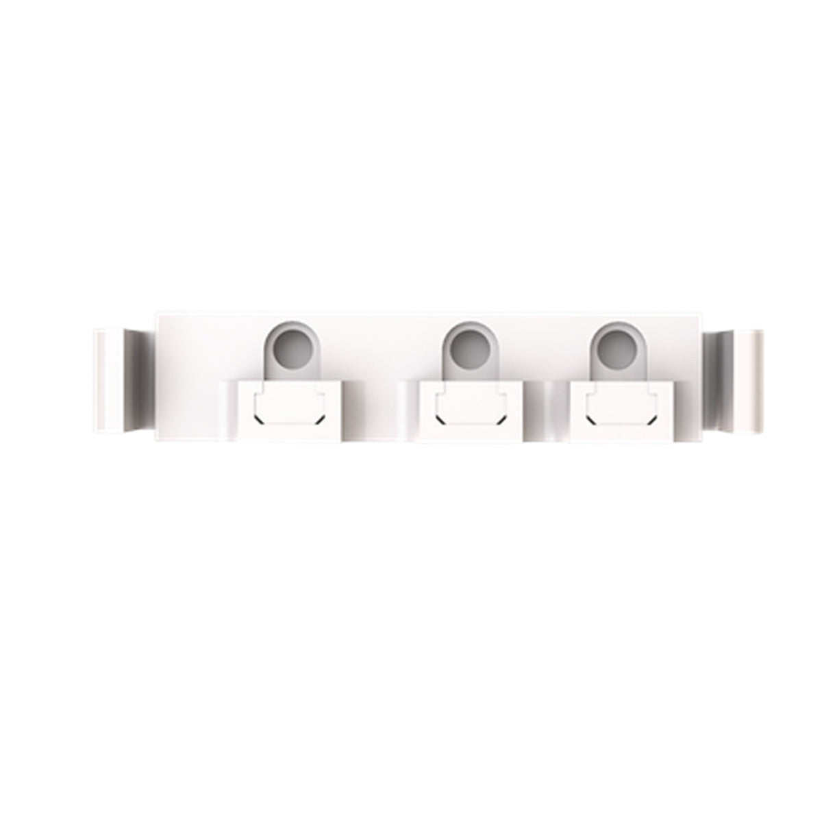 Three white wall-mounted hook holders with circular cutouts, shown against a plain white background.