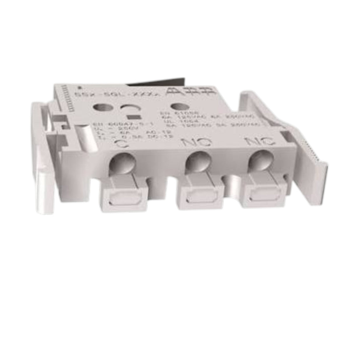 A light gray plastic electrical contactor or relay component with three terminal posts and printed technical markings, shown on a plain white background.