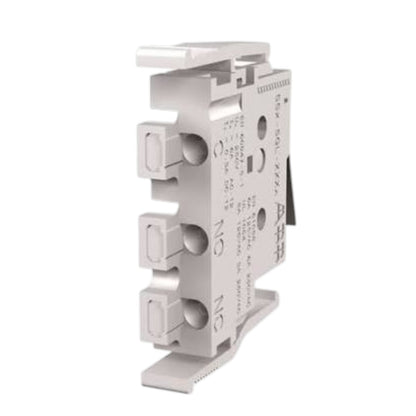 A white plastic electrical terminal block connector with molded screw terminals and printed technical specifications on its side, isolated on a white background.