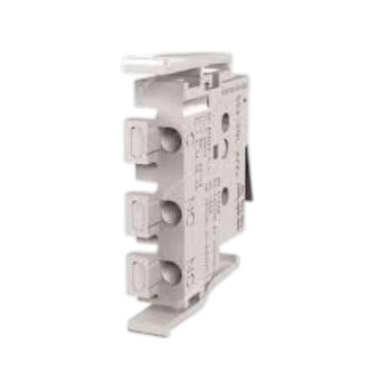 A white plastic electrical component, likely a circuit breaker or terminal block, shown from a three-quarter angle on a plain white background.