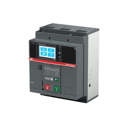A Schneider Electric ELC1 EMF2 modular electrical switchgear unit with a dark gray front, white side housing, a red accent strip, and a small active color display screen.
