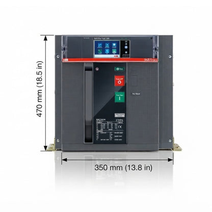A large industrial electrical switchgear unit shown from the front with dimension annotations indicating 470 mm (18.5 in) height and 350 mm (13.