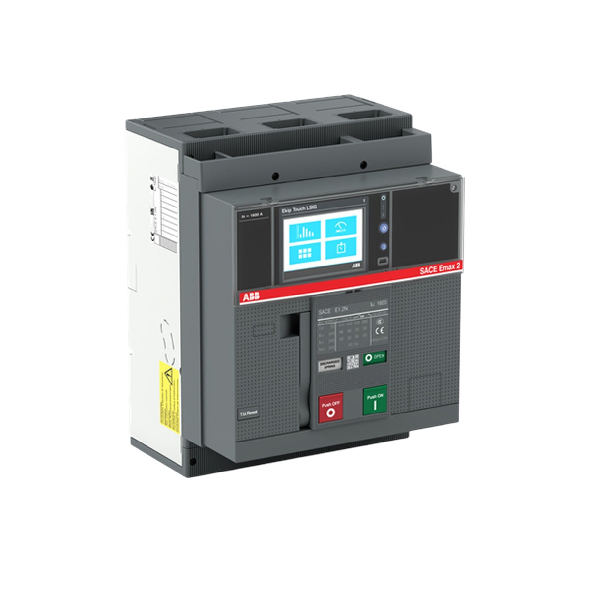 A Siemens ABB SACE Fuse 3 modular electrical component, featuring a dark gray front panel with a blue LCD screen, red and green buttons, and a white side housing, shown on a plain white background.