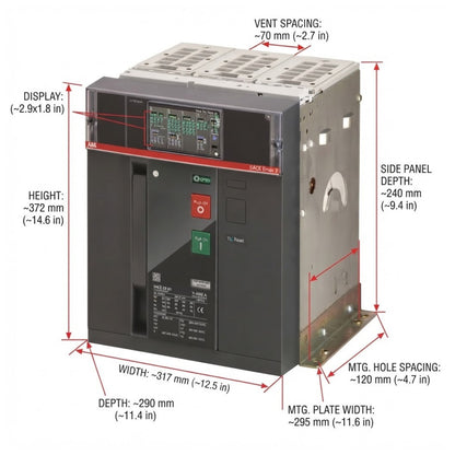 A technical dimension diagram of a large electrical contactor or relay unit, showing measurements for height, width, depth, display size, side panel depth, and mounting hole spacing with red lines and text labels on a white background.