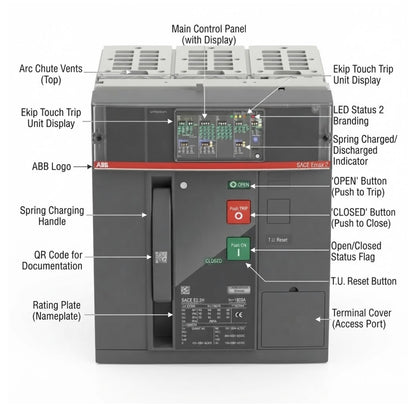 ABB Race R40 EKV2000 electrical contactor with detailed callout labels pointing to various components such as the main control panel, trip unit display, spring charging handle, and terminal cover, on a white background.