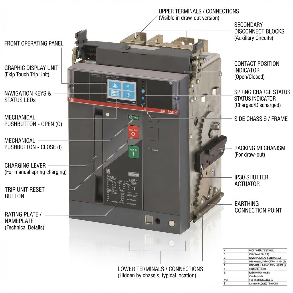 A labeled technical diagram of a large electrical contactor or circuit breaker, showing the front operating panel, terminals, buttons, chassis, and connection points with callouts and a small terminal legend in the lower right.
