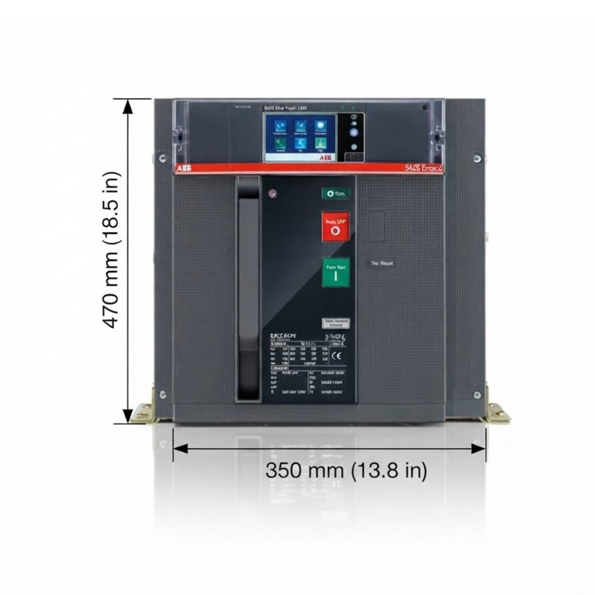 A large industrial electrical switchgear unit shown from the front with dimension annotations indicating 470 mm (18.5 in) height and 350 mm (13.