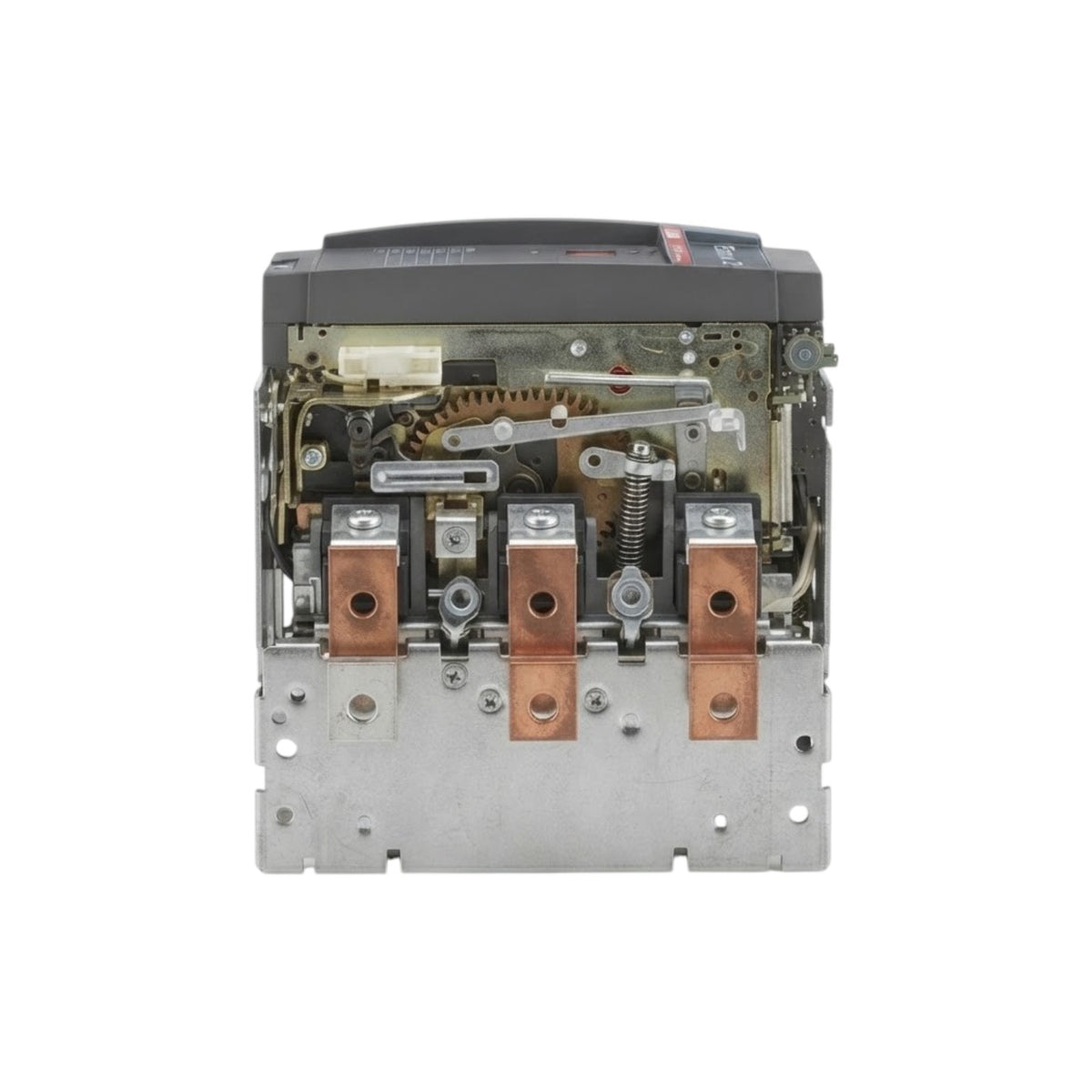 An industrial electrical contactor or relay component shown from the front, with its internal mechanism exposed, featuring copper terminal blocks, metal contacts, springs, and a dark top housing on a plain white background.