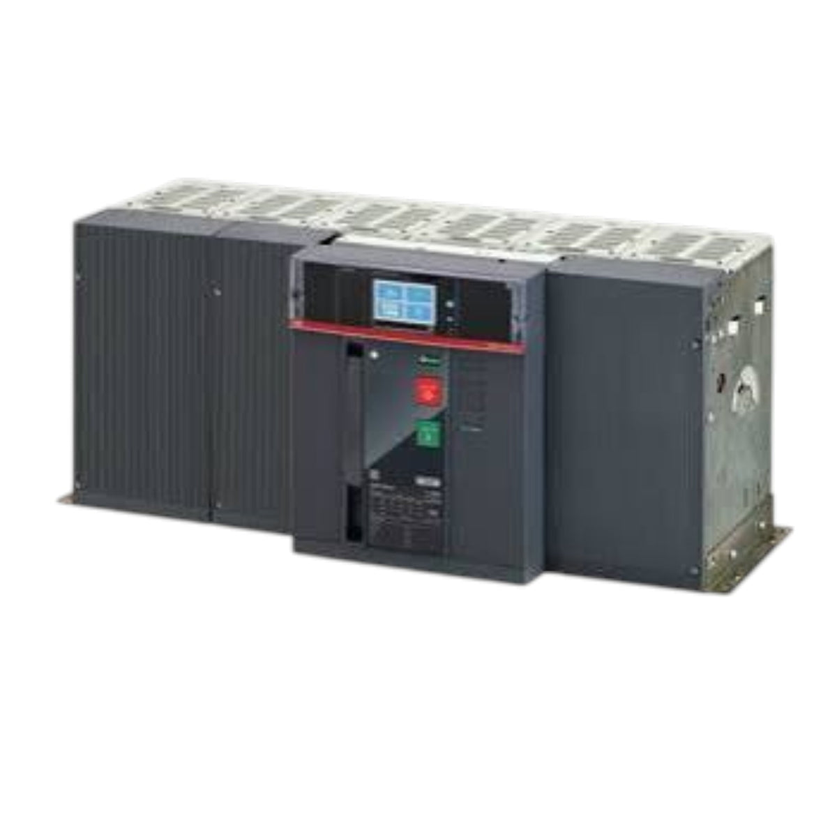 An industrial electrical device, likely a circuit breaker or power module, featuring a dark gray ribbed metal casing with a central control panel containing a small blue screen, red and green buttons, and a silver top cover.