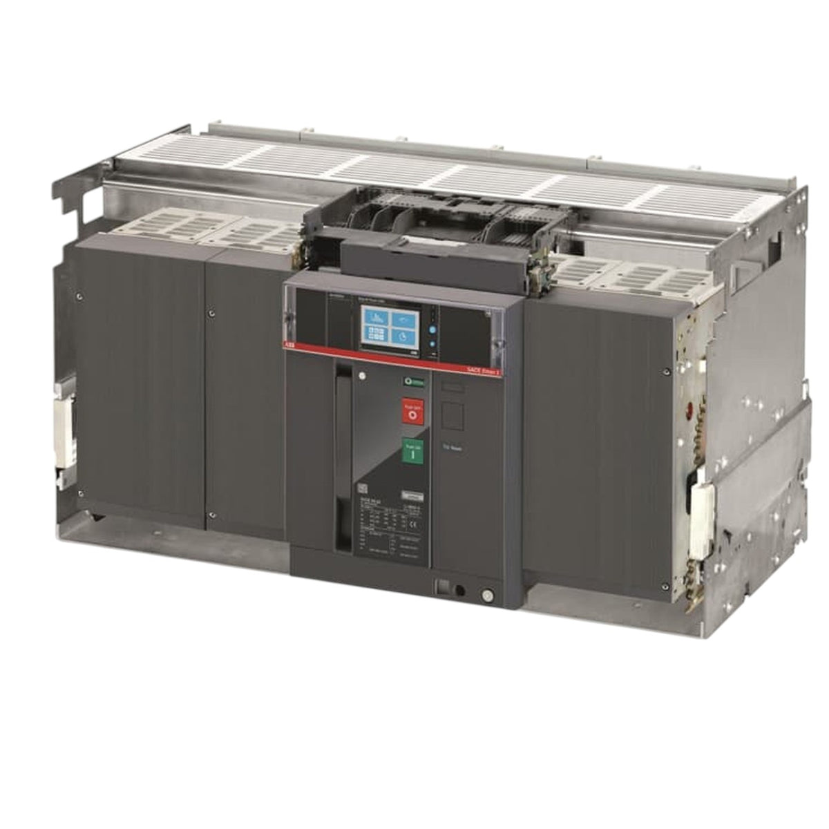 A large industrial electrical transformer or switchgear unit with a dark gray metal housing, a central control panel with a small blue display screen, and a silver top cover, shown on a plain white background.