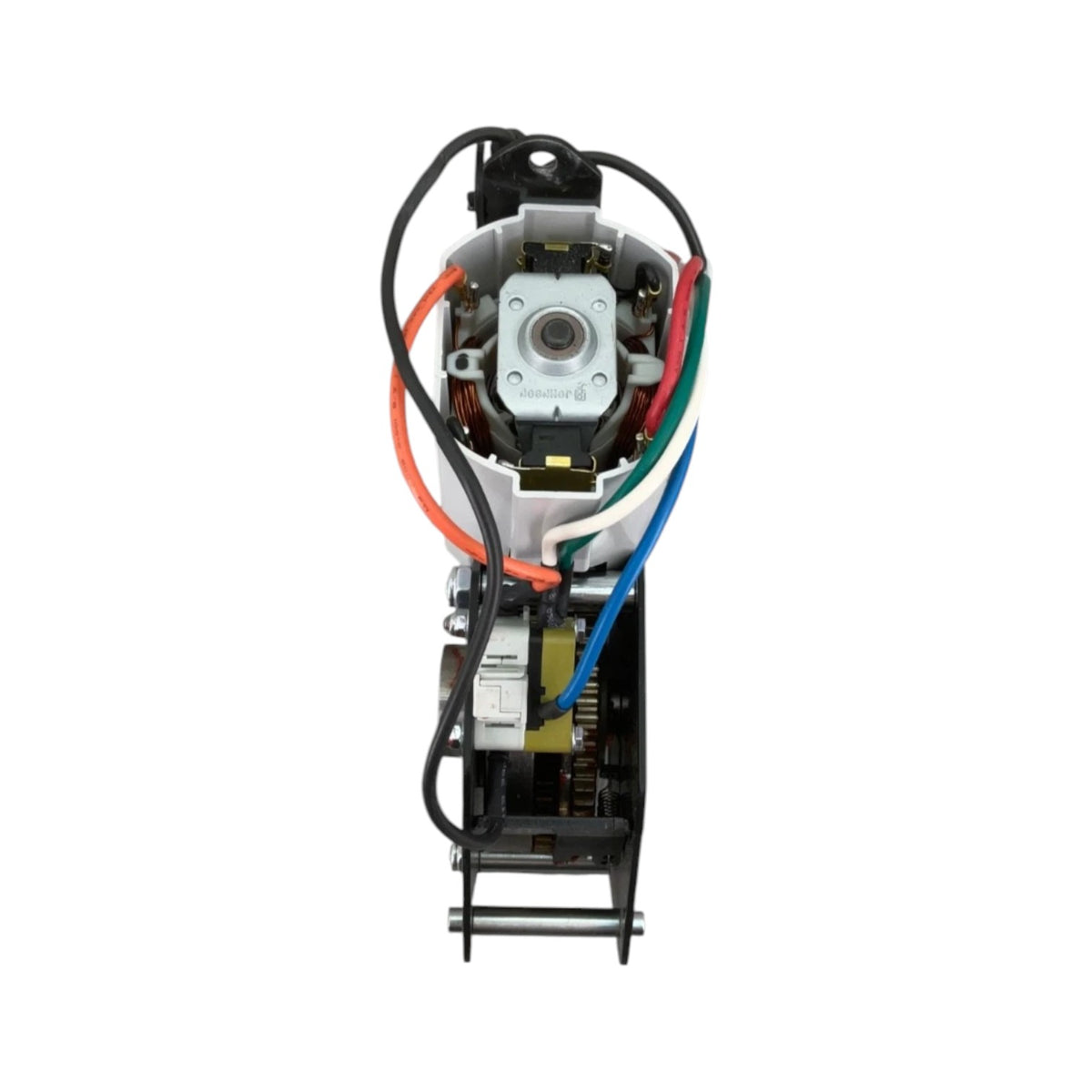 A replacement motor assembly with a black metal frame, white plastic housing, and multiple colored wires including black, orange, red, green, blue, and white, shown on a solid white background.