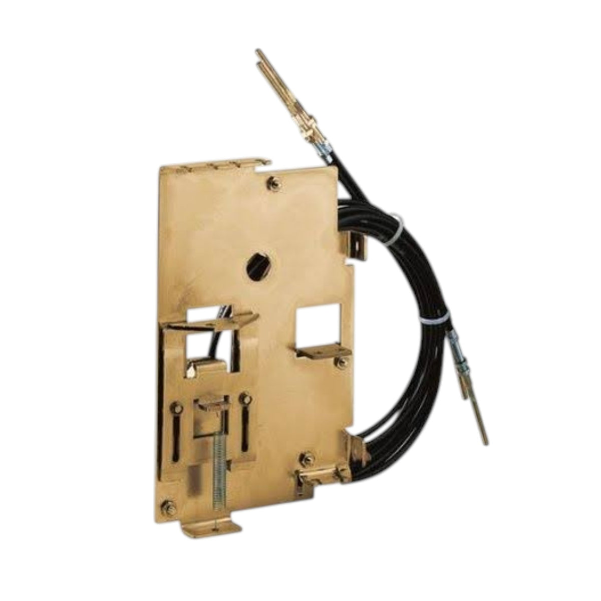 A brass door lock cylinder assembly with a black cable and metal switch tips, isolated on a white background.